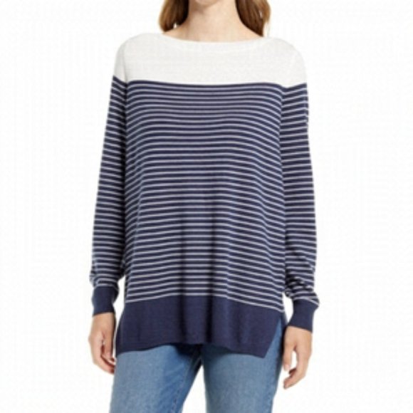 CASLON Women's Navy & Ivory Stripe Colorblock Knit Lightweight Tunic Top Sweater - Picture 1 of 8